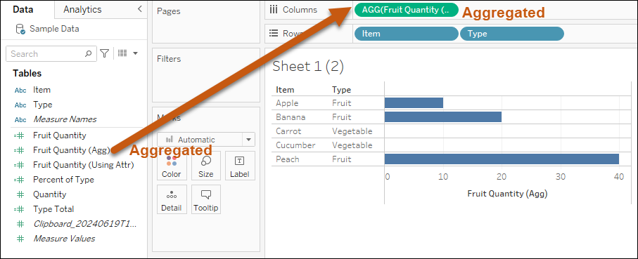 Tableau screenshot showing how dragging and aggregated field onto Columns results in a green pill with AGG() surrounding the field’s name.