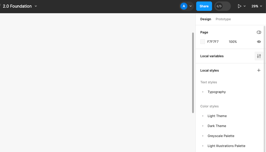 Interface of Figma showing a section of the blank Figma canvas and a section of the right-most panel that houses properties such as the Local variables.