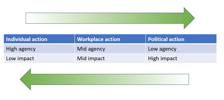 Simple matrix comparing individual, workplace and political action in terms of agency and impact