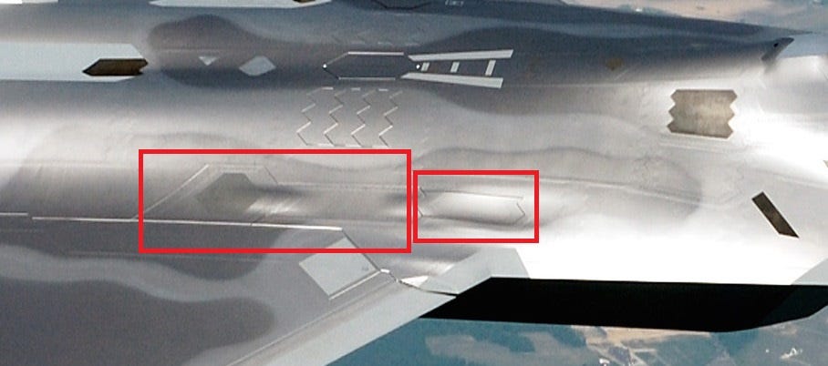 Detail of the F-22 gun port. Note the presence of two separate panels joined together: a larger rear panel which houses the gun and its supporting systems and can be opened for ease of maintenance and reloading, and the more forward smaller panel which is a door that opens to reveal the gun barrel during the firing process. From the above pictures, it is a sensible conclusion that J-20 fields a similar arrangement of its gun port panels