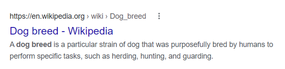 Wikipedia search result page for dog breeds