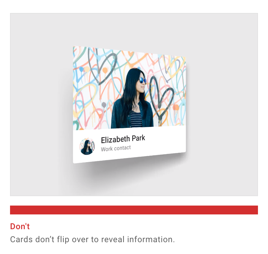 A card with the photo of a woman in sunglasses and her name Elizabeth Park has started flipping. The image caption says, “Don’t. Cards don’t flip over to reveal information.”