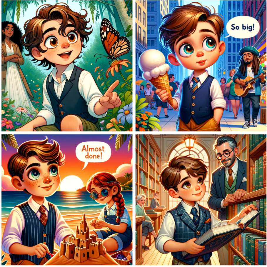 4 images of a young boy generated from the prompt above. It’s up to the user to choose the one they like and create their own story based on the description.