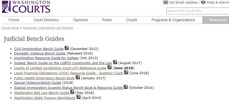 The Washington Courts Judicial Bench Guides web page is shown. It includes a list of judicial benchbooks underneath text that reads “Judicial Bench Guides.”