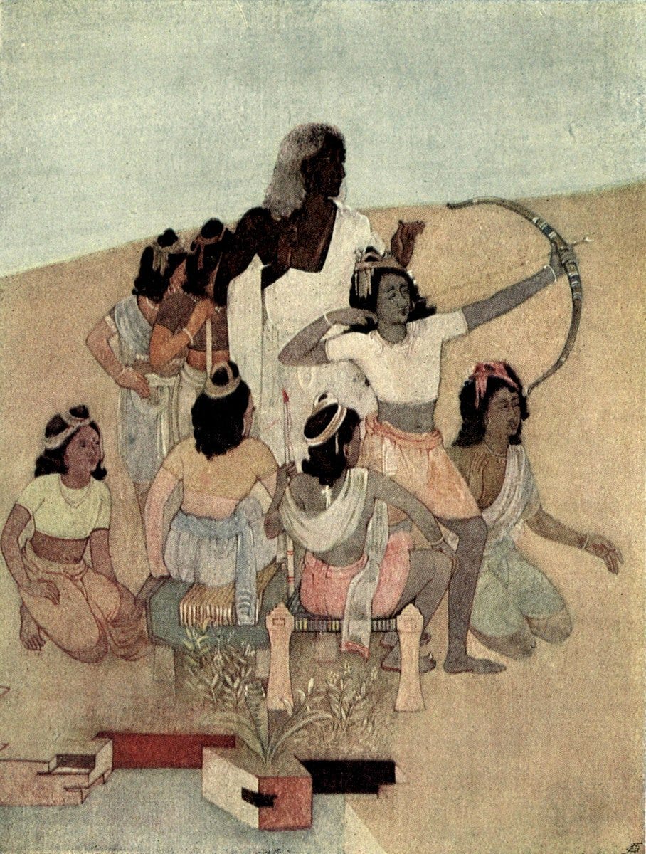 Dronacharya teaching archery to the Kaurava & Pandava princes