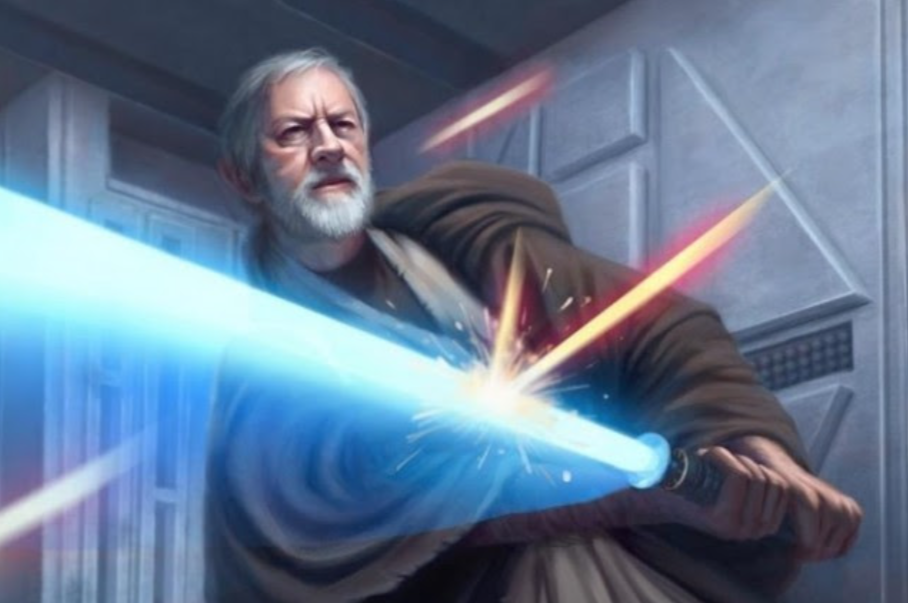Obi Wan deflects lasers with his light saber.