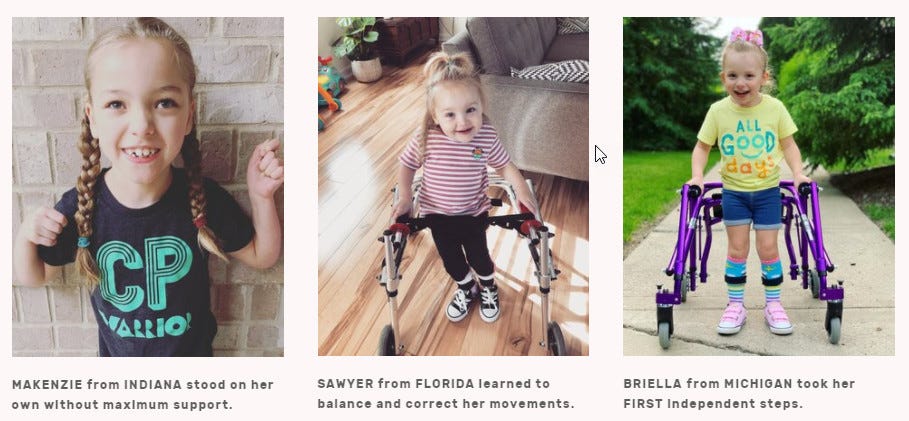 Cerebral palsy warrior success stories of the developmental milestones they accomplished during intensive physical therapy.