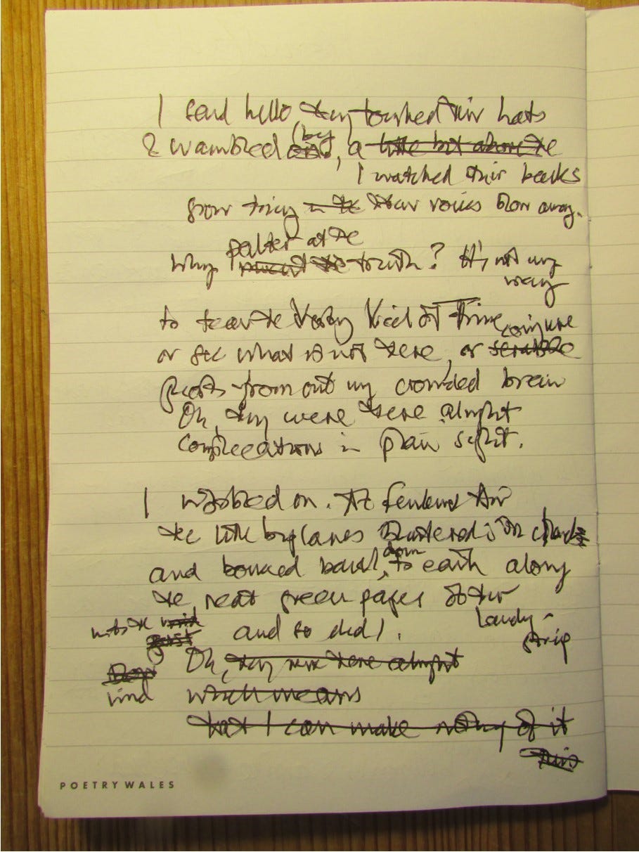 closeup photograph of a handwritten draft poem in black ink on white paper, amended and annotated.