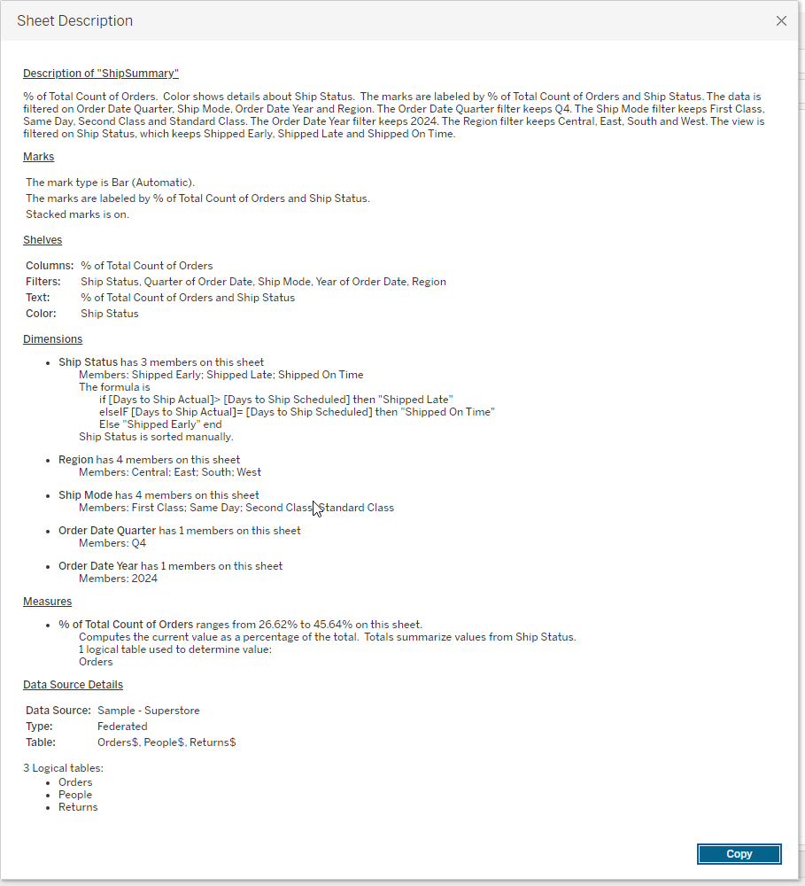 Example of a sheet description output, showing description, marks, shelves, dimensions, measures, and data source details