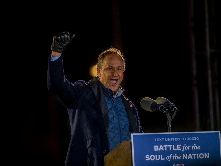 Doug Emhoff speaks during a drive-in election eve rally in Philadelphia, Pennsylvania.