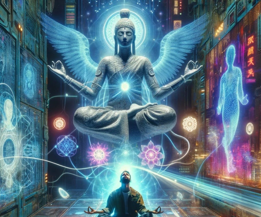 A person sits in meditation with an angelic figure sitting in meditation, representing his soul, floating above him with a white light radiating from his heart.