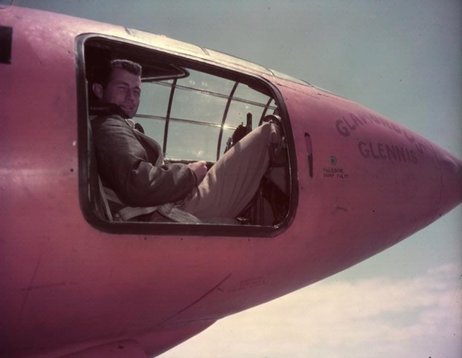 Chuck Yeager sitting in the cockpit of the Bell X-1 aircraft, circa 1947.