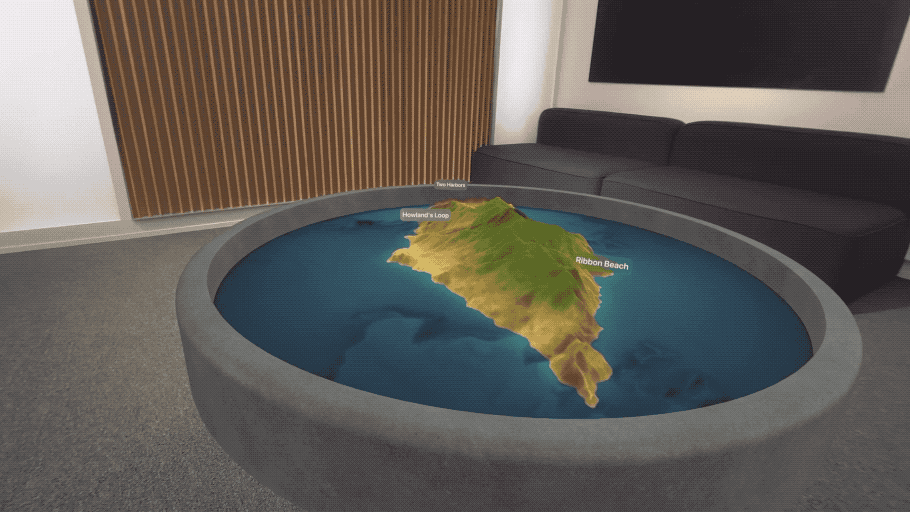 Rendering of an island dipslayed in AR, with a couple of SwiftUI views added as attachments
