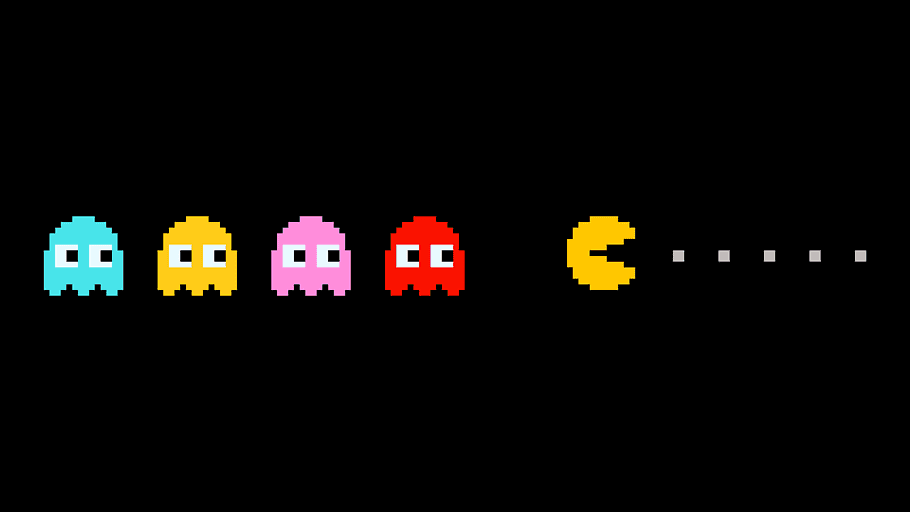 Pac-Man trying to eat pac-dots while evading Blinky, Inky, Pinky, and Clyde.