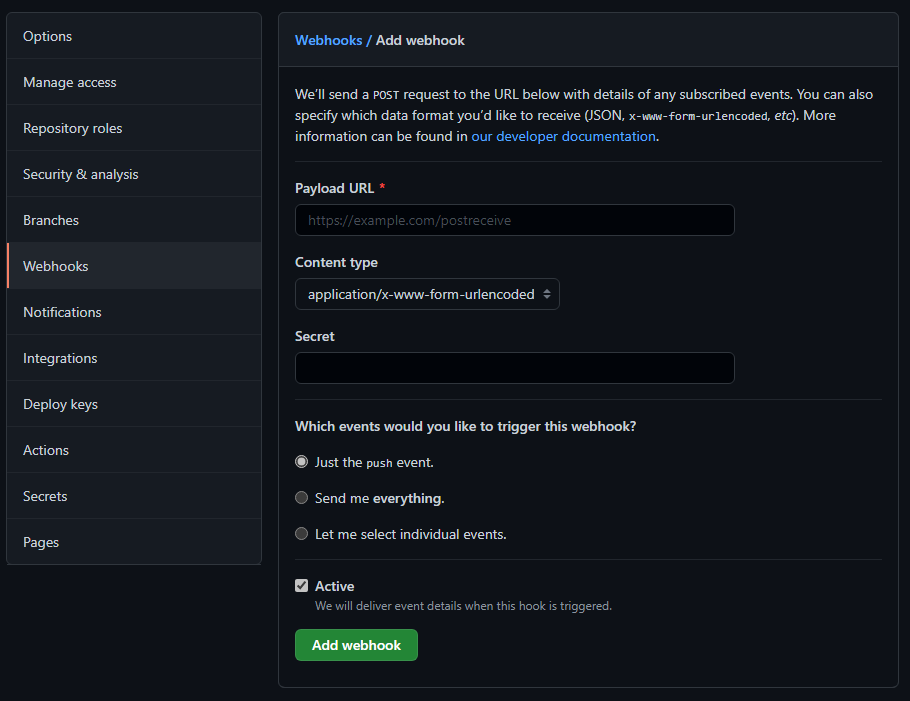 GitHub page for adding webhooks