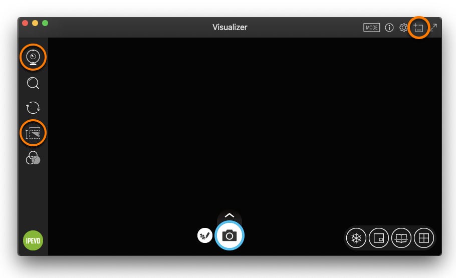 The visualizer app user interface with camera, frame, and window icons circled