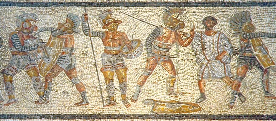 A mosaic depicting ancient Roman gladiator combat around 2nd century AD.