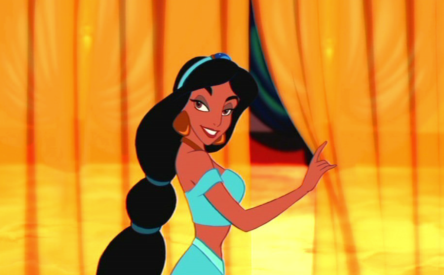 Princess Jasmine smiling with her long hair and slender figure.