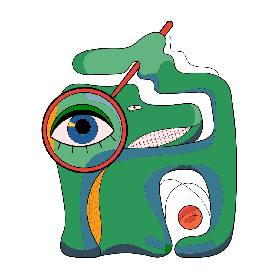 ilustração surrealista onde uma cobra estilizada segura uma lupa sobre um olho de cor azul