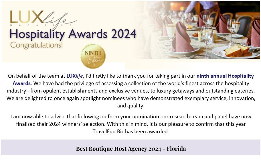 TravelFun.Biz wins “Best Boutique Host Agency 2024 — Florida” ~ LUXLife Magazine