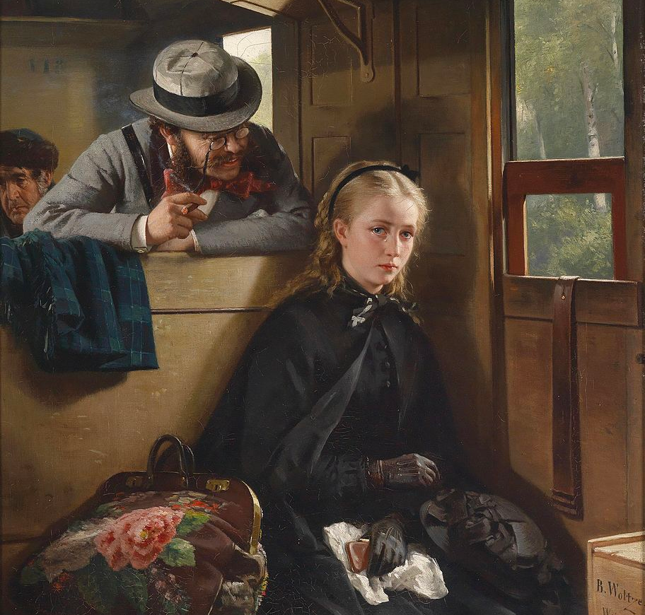 A painting of a teary-eyed young woman dressed in all black being pestered by a smiling man on the train.