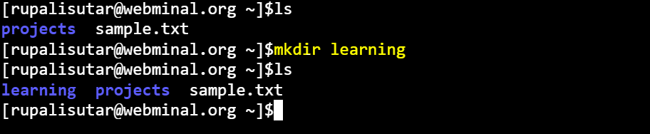 mkdir command created new directory ‘learning’