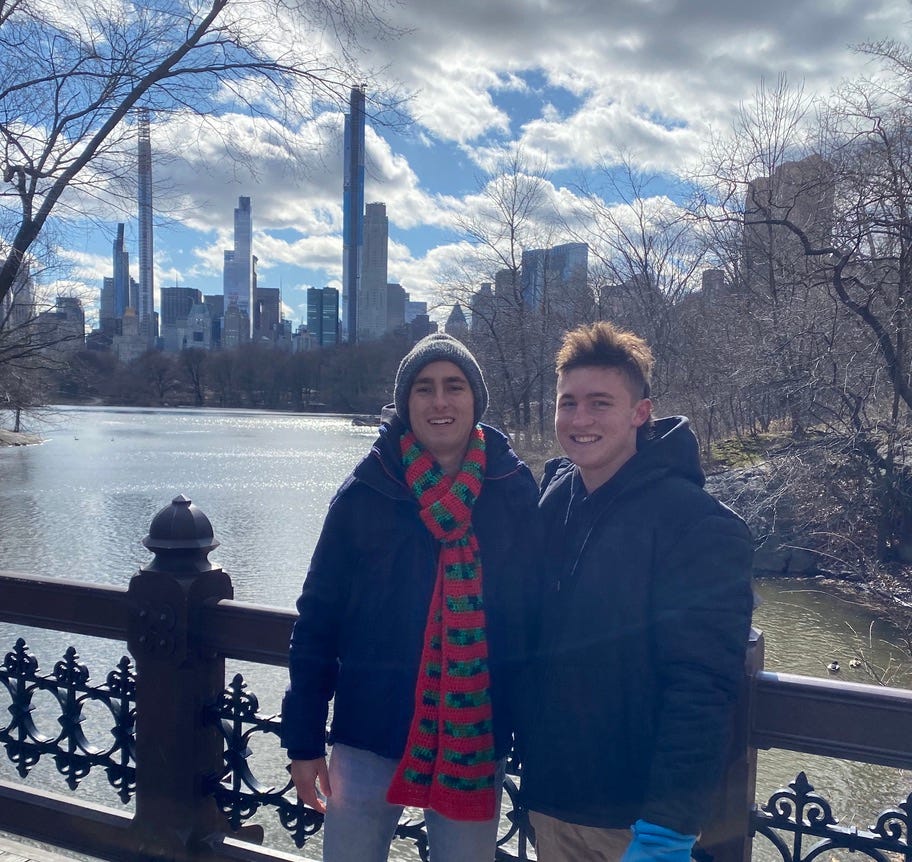 Author’s photo in Nonna’s scarf, with brother and his mullet in NYC