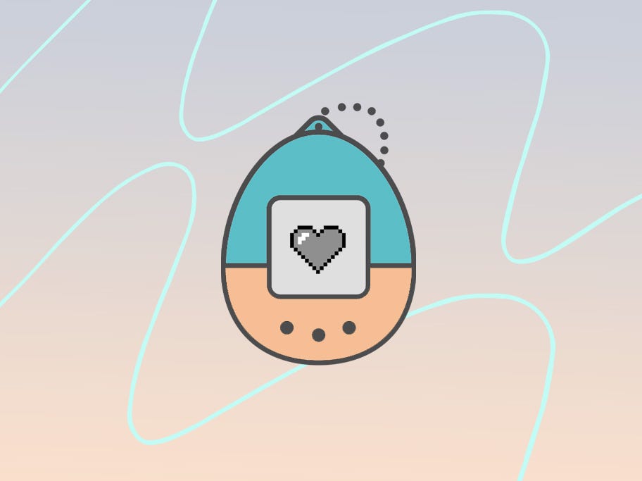 A tamagotchi toy with a digital heart on its screen with a fun 90’s era background.