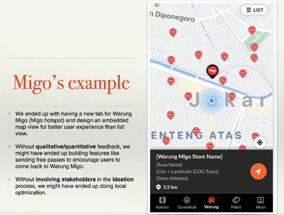 Screenshot of the final user flow where the Migo team added a Warung Migo tab at the center of the screen with an embedded map view of all possible hotspots so it is easier for users to find them.