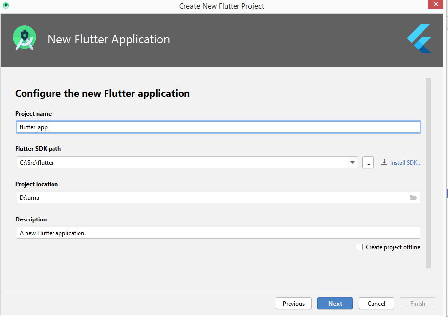 New Flutter Application configure screen