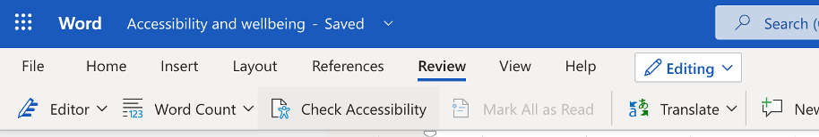 Screenshot of Microsoft Word menu, showing the “check accessibility” option under the “Review” tab