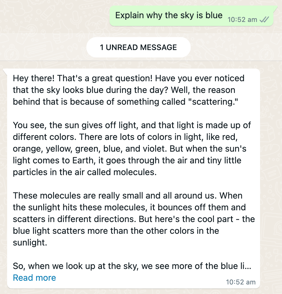 Screenshot of a Whatsapp app screen, showing an example of user asking “Explain why is the sky blue” and the chatbot answering “Oh, that’s a great question! The sky is blue because of something called sunlight. You see, the sun gives off light, and that light is made up of different colors. When the sunlight reaches our Earth, it goes through the air. The air is made up of tiny little things called molecules. These molecules are very good at scattering the sunlight…” (and so on)