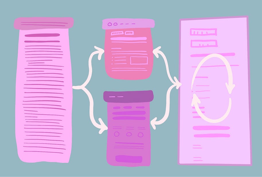 Sketchy illustration showing how structured content written in clear language makes itself easy to reuse