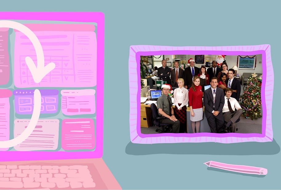 Illustration of a photo frame next to a laptop, with a picture of The Office characters together in a Christmas atmosphere