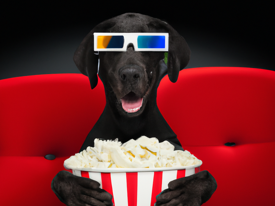 A black dog wearing 3D glasses holding a bucket of popcorn in a movie theater