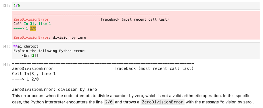 Screenshot of JupyterLab having run a cell with an error in it, then having run a cell that interpolates the error into a prompt