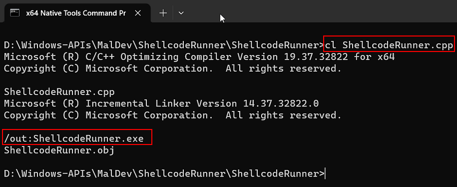 Compilation of shellcode runner