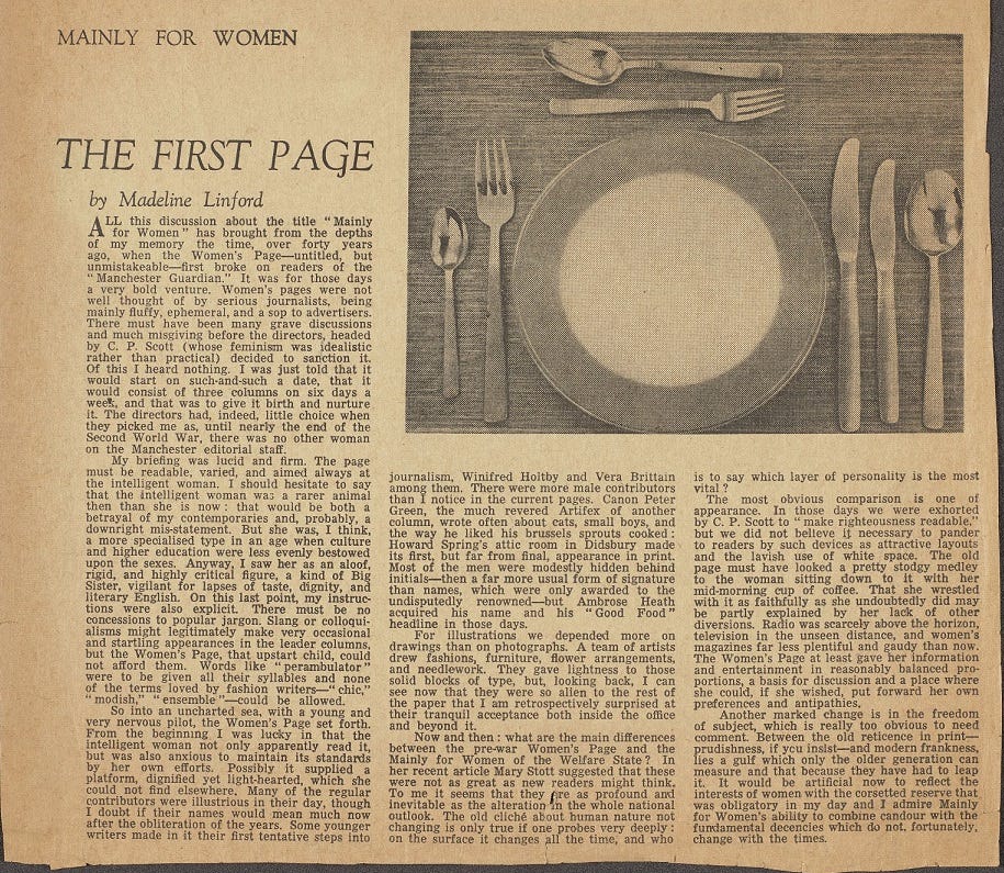 extract from a newpapers — 3 columns of print and a table setting with plate and cutlery