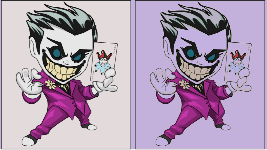 A side by side comparison of joker with darken blend mode and without it.