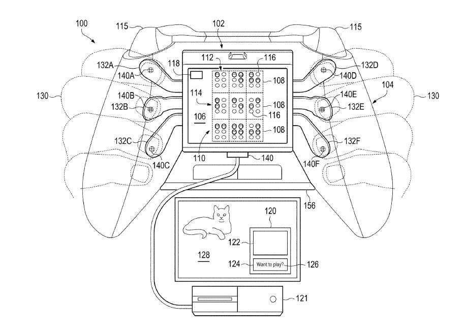 Concept sketches show a controller with Braille cells, paddles for Braille typing, and a message appearing on a console.