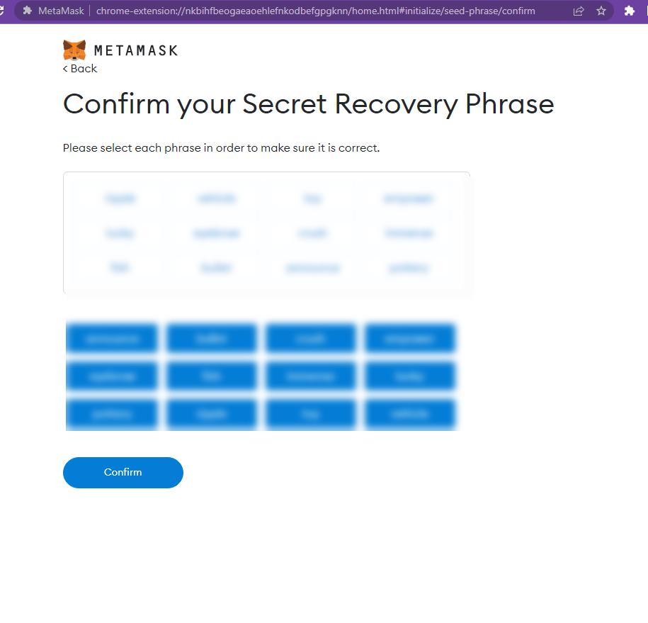 Enter the secret words in the correct order in MetaMask