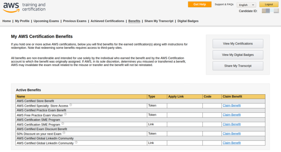 Claim your discount on AWS Certification Benefits tab