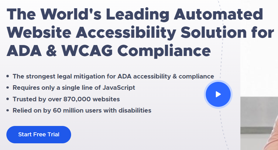Userway.org heading from 2021: The World’s Leading Automated Website Accessibility Solution for ADA & WCAG Compliance. One bullet underneath states, “Requires only a single line of JavaScript”