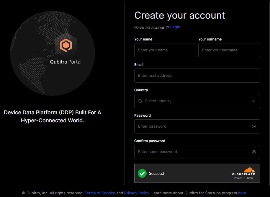 Qubitro Portal Account Creation Page
