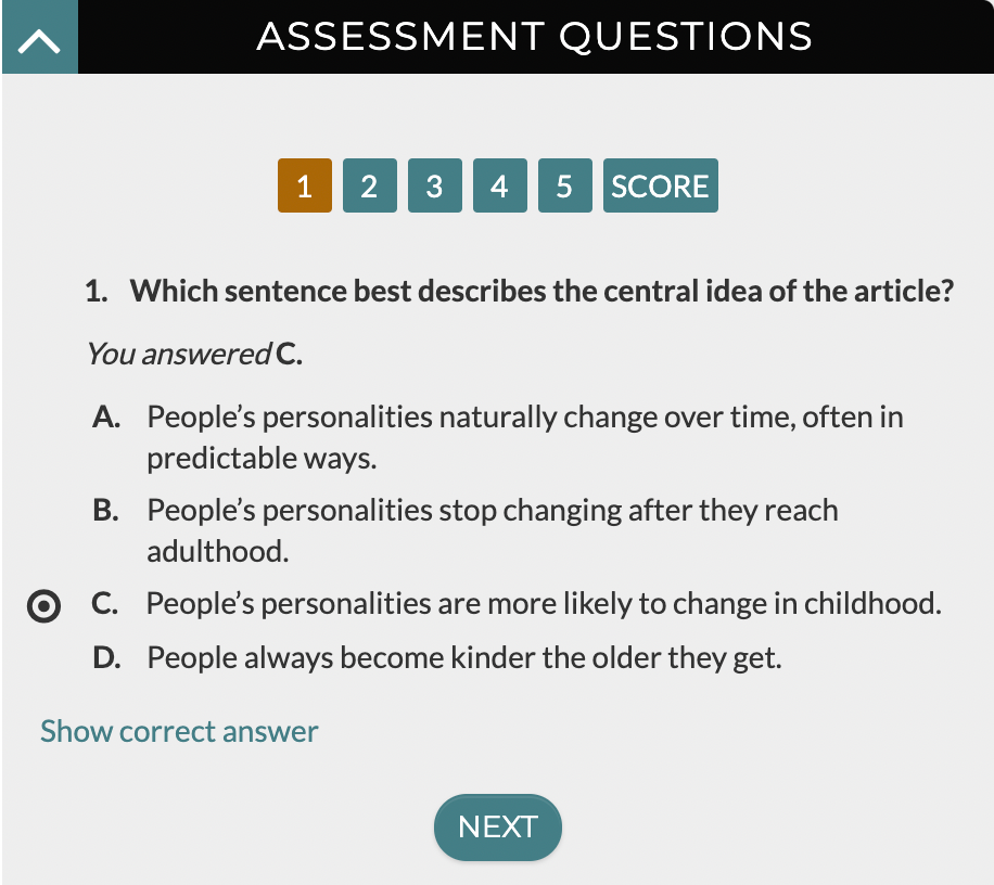 A question panel with a reading passage assessment question that a student answered and a “Show Correct Answer” link.