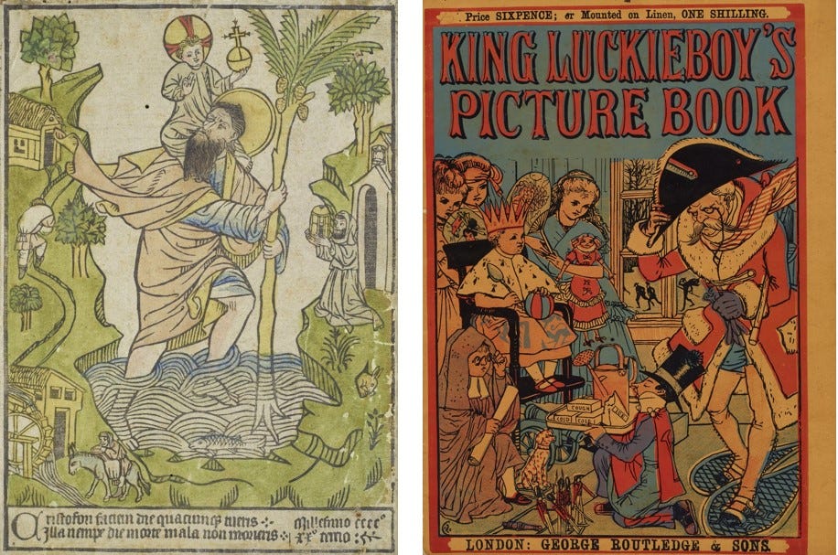 Two adjacent images both coloured. Left: St. Christopher carrying child Jesus. Right: Front cover of picture book, child on throne surrounded by courtiers.