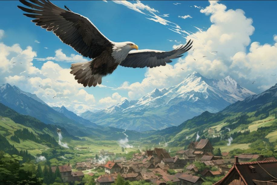 An eagle soaring high in the blue sky