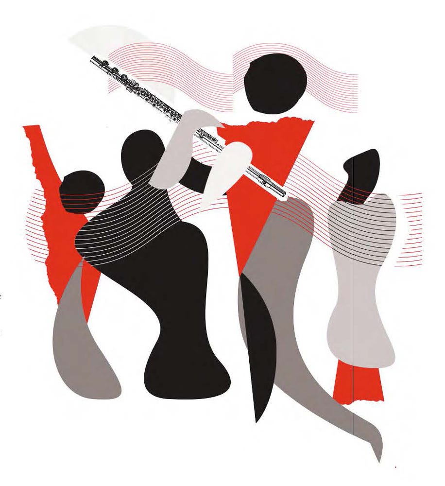 Abstract illustration of group performing music, black grey and red shapes making up their body shapes
