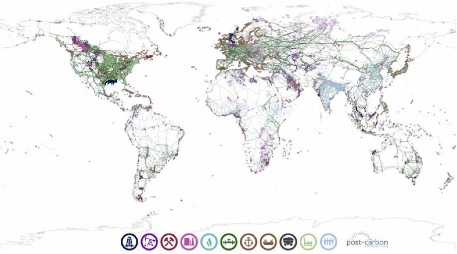 world map sketch showing global fossil fuel supply network